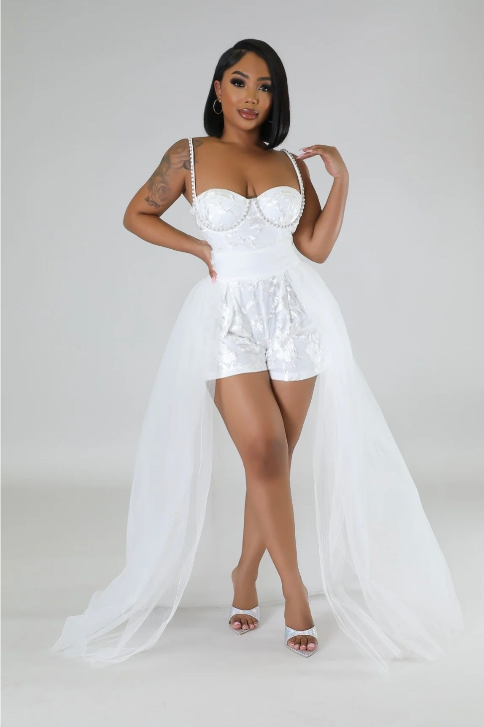 Elegance Meets Edge – White Tulle Overlay Romper ✨