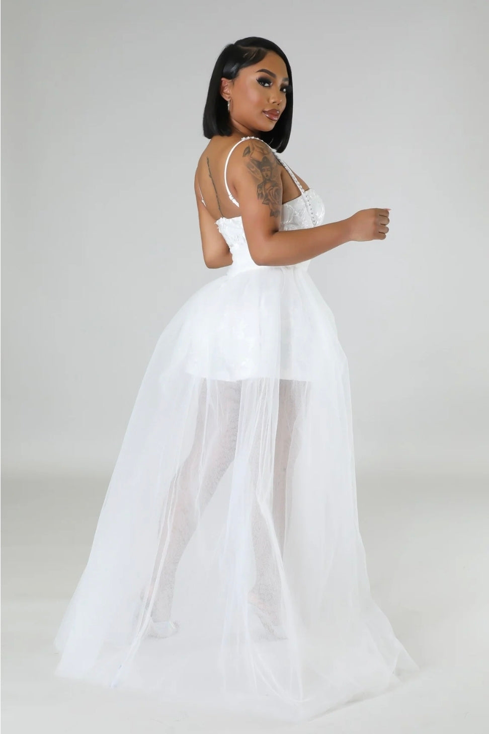 Elegance Meets Edge – White Tulle Overlay Romper ✨