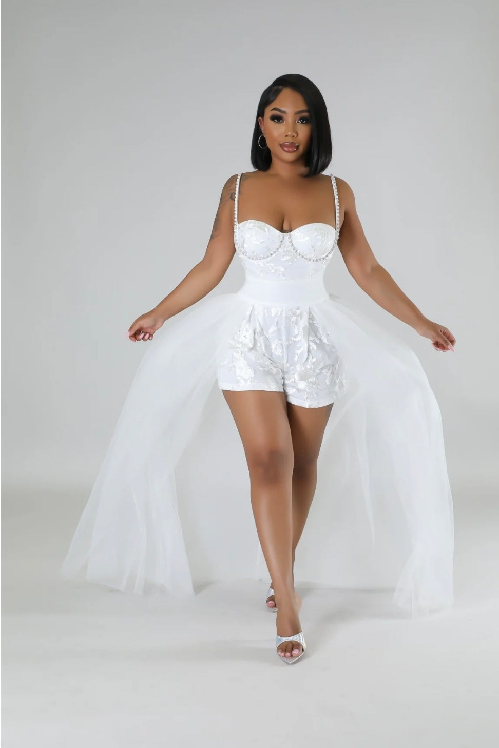 Elegance Meets Edge – White Tulle Overlay Romper ✨